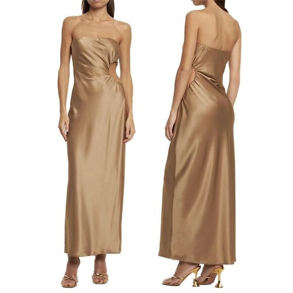 Reformation Nevaeh Satin Dress in Gold/Taupe Large NEW $298 - Picture 1 of 5